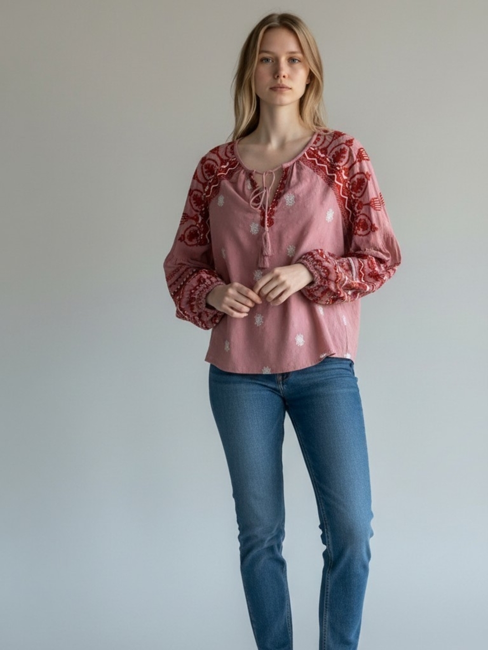 Seen Worn Embroidered Peasant Blouse with Tassel Tie